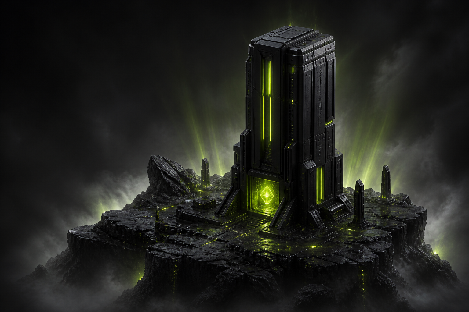 A futuristic server monolith illuminated in electric green on a rocky game landscape